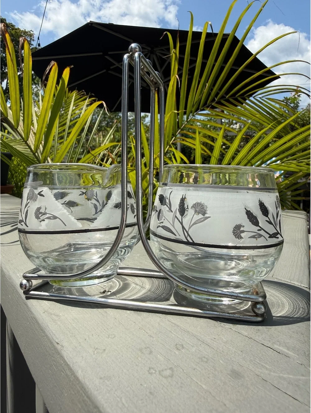 Vintage Glass Creamer Sugar Bowl Set Chrome Caddy Silver Wheat Pattern